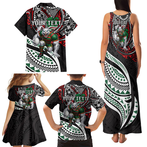 Personalised South Sydney Rabbitohs Family Matching Tank Maxi Dress and Hawaiian Shirt Polynesian Tribal Art Style With Powerful Rabbit Mascot