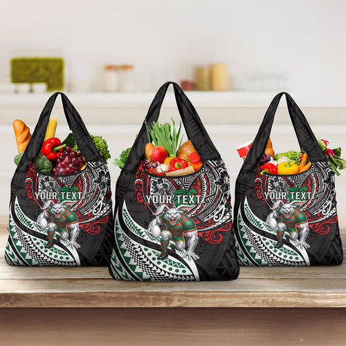 Personalised South Sydney Rabbitohs Grocery Bag Polynesian Tribal Art Style With Powerful Rabbit Mascot