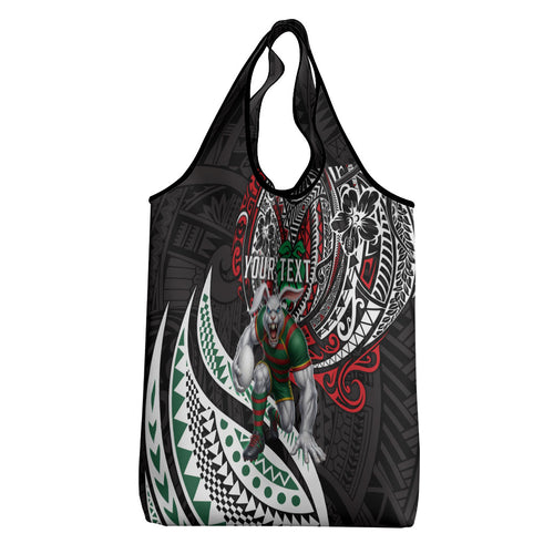 Personalised South Sydney Rabbitohs Grocery Bag Polynesian Tribal Art Style With Powerful Rabbit Mascot