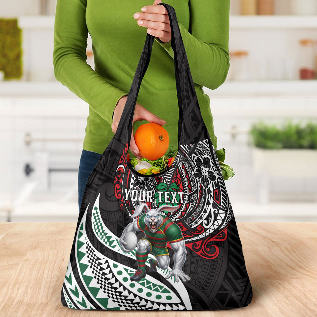 Personalised South Sydney Rabbitohs Grocery Bag Polynesian Tribal Art Style With Powerful Rabbit Mascot