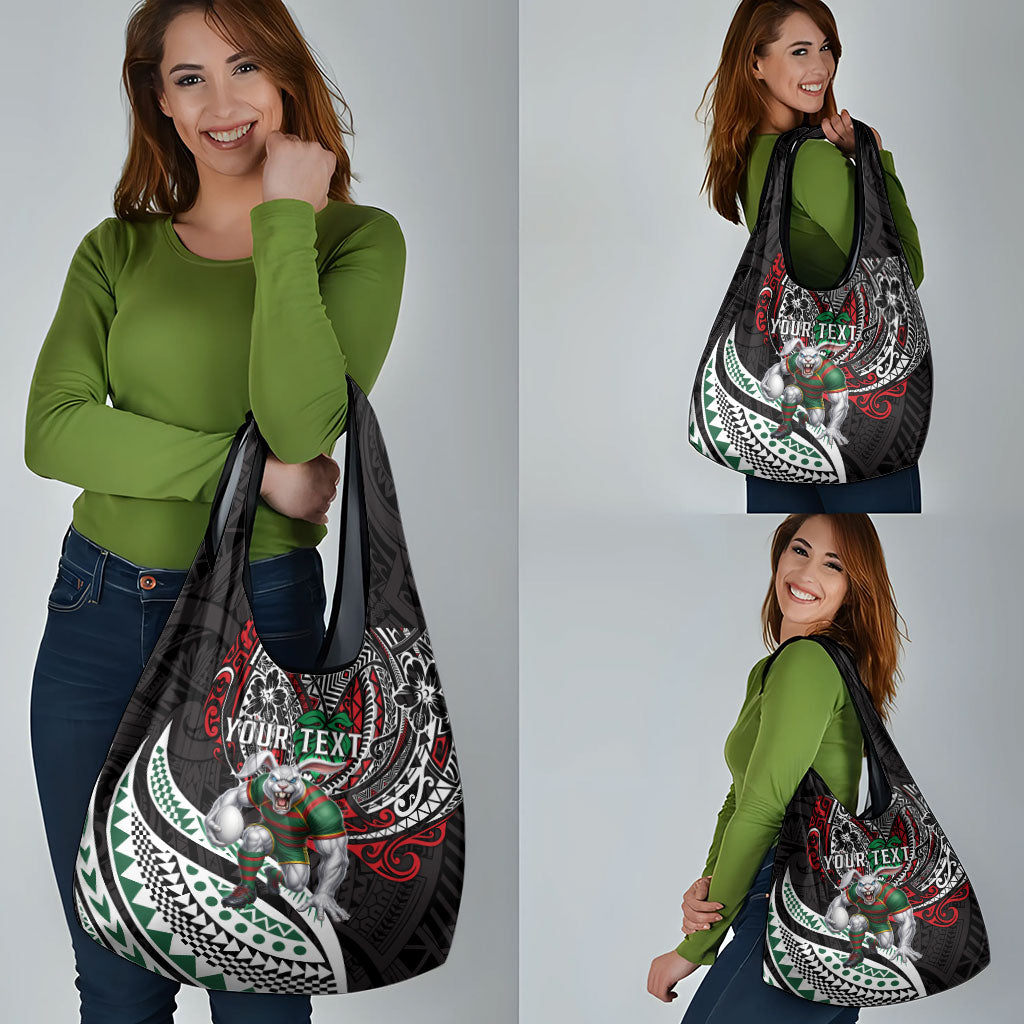 Personalised South Sydney Rabbitohs Grocery Bag Polynesian Tribal Art Style With Powerful Rabbit Mascot