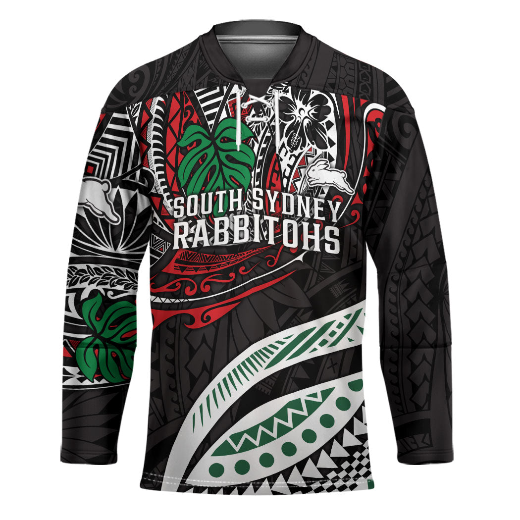 Personalised South Sydney Rabbitohs Hockey Jersey Polynesian Tribal Art Style With Powerful Rabbit Mascot