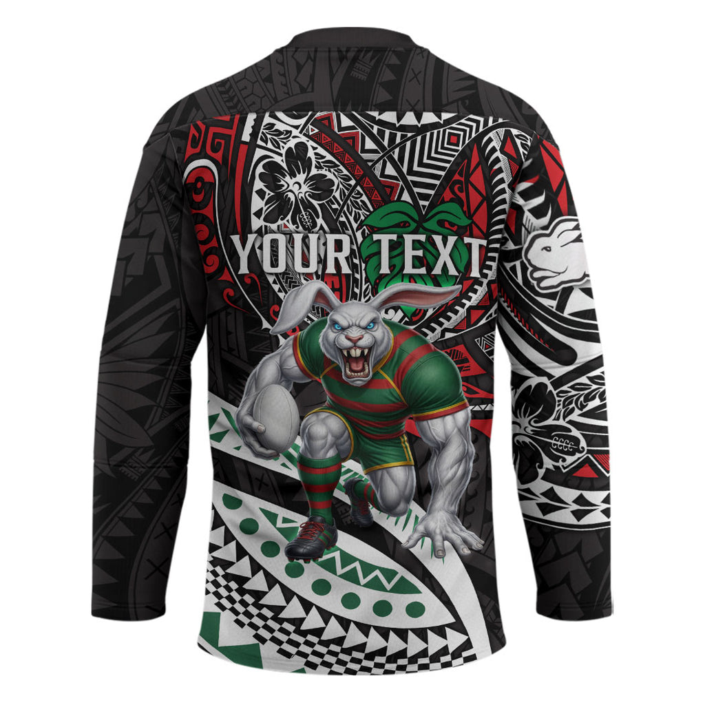Personalised South Sydney Rabbitohs Hockey Jersey Polynesian Tribal Art Style With Powerful Rabbit Mascot