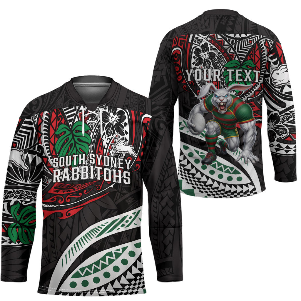 Personalised South Sydney Rabbitohs Hockey Jersey Polynesian Tribal Art Style With Powerful Rabbit Mascot