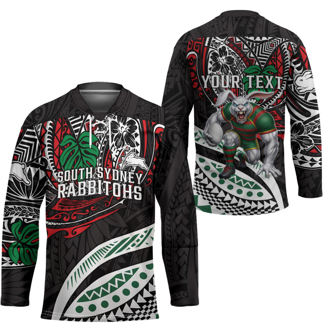 Personalised South Sydney Rabbitohs Hockey Jersey Polynesian Tribal Art Style With Powerful Rabbit Mascot