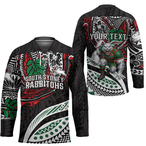 Personalised South Sydney Rabbitohs Hockey Jersey Polynesian Tribal Art Style With Powerful Rabbit Mascot