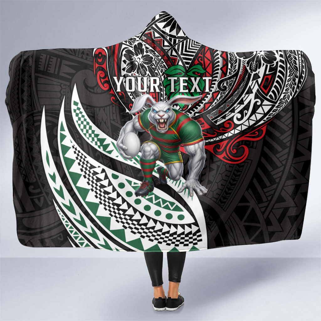 Personalised South Sydney Rabbitohs Hooded Blanket Polynesian Tribal Art Style With Powerful Rabbit Mascot