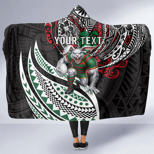 Personalised South Sydney Rabbitohs Hooded Blanket Polynesian Tribal Art Style With Powerful Rabbit Mascot