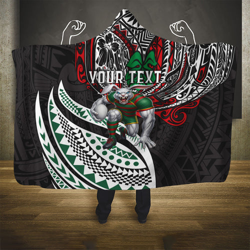 Personalised South Sydney Rabbitohs Hooded Blanket Polynesian Tribal Art Style With Powerful Rabbit Mascot
