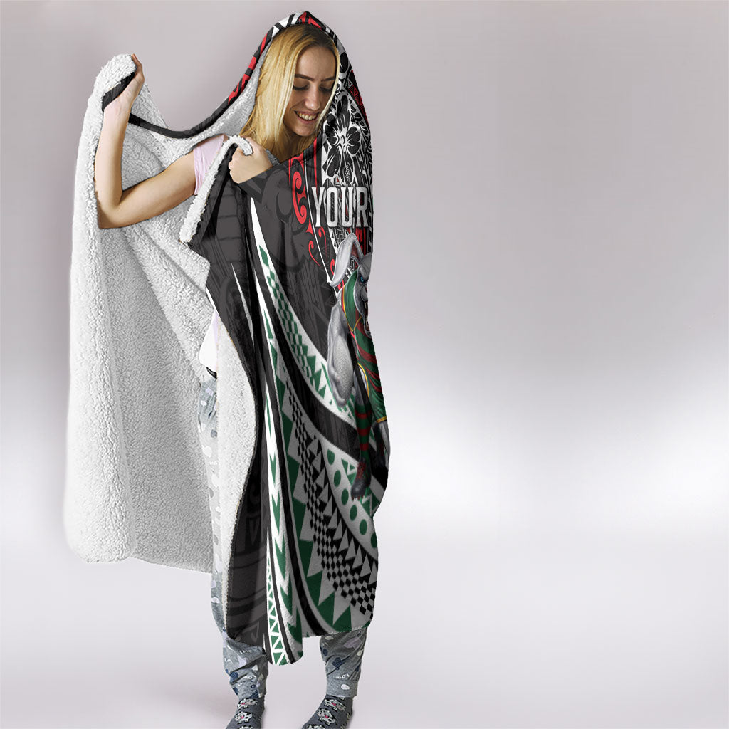 Personalised South Sydney Rabbitohs Hooded Blanket Polynesian Tribal Art Style With Powerful Rabbit Mascot