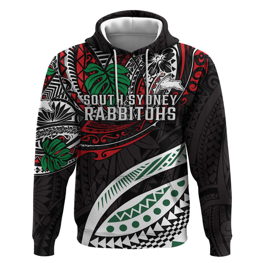 Personalised South Sydney Rabbitohs Hoodie Polynesian Tribal Art Style With Powerful Rabbit Mascot