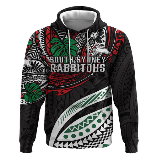 Personalised South Sydney Rabbitohs Hoodie Polynesian Tribal Art Style With Powerful Rabbit Mascot