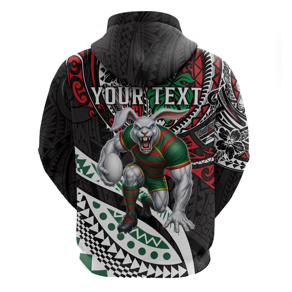 Personalised South Sydney Rabbitohs Hoodie Polynesian Tribal Art Style With Powerful Rabbit Mascot