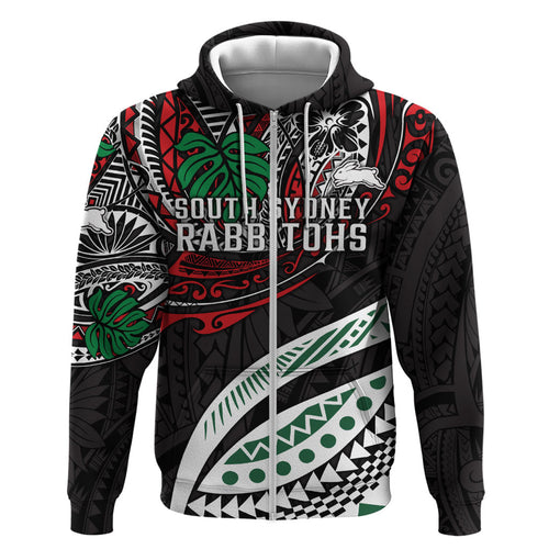 Personalised South Sydney Rabbitohs Hoodie Polynesian Tribal Art Style With Powerful Rabbit Mascot