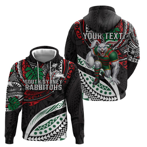 Personalised South Sydney Rabbitohs Hoodie Polynesian Tribal Art Style With Powerful Rabbit Mascot