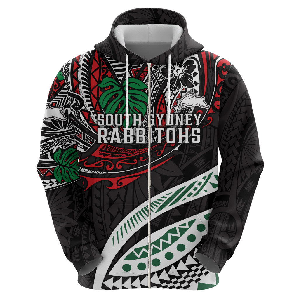 Personalised South Sydney Rabbitohs Hoodie Polynesian Tribal Art Style With Powerful Rabbit Mascot