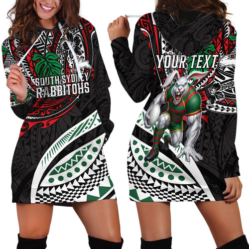 Personalised South Sydney Rabbitohs Hoodie Dress Polynesian Tribal Art Style With Powerful Rabbit Mascot