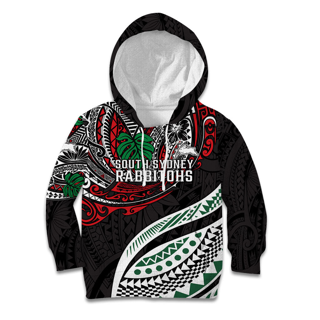 Personalised South Sydney Rabbitohs Kid Hoodie Polynesian Tribal Art Style With Powerful Rabbit Mascot