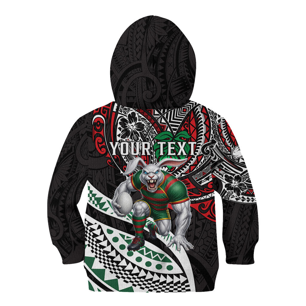 Personalised South Sydney Rabbitohs Kid Hoodie Polynesian Tribal Art Style With Powerful Rabbit Mascot