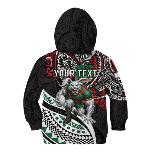 Personalised South Sydney Rabbitohs Kid Hoodie Polynesian Tribal Art Style With Powerful Rabbit Mascot