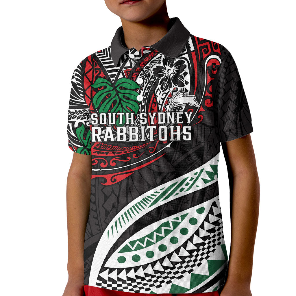 Personalised South Sydney Rabbitohs Kid Polo Shirt Polynesian Tribal Art Style With Powerful Rabbit Mascot