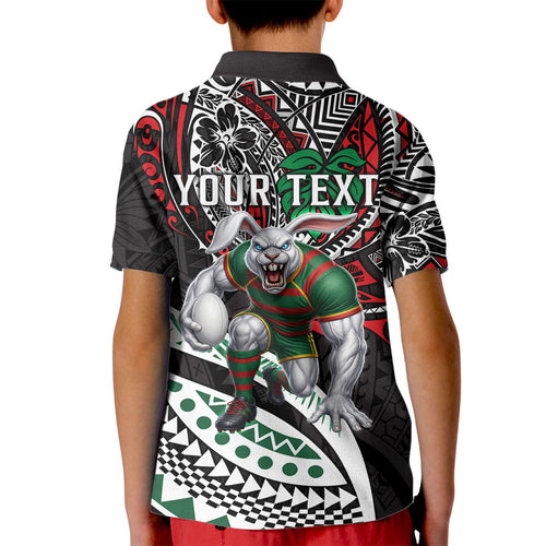 Personalised South Sydney Rabbitohs Kid Polo Shirt Polynesian Tribal Art Style With Powerful Rabbit Mascot