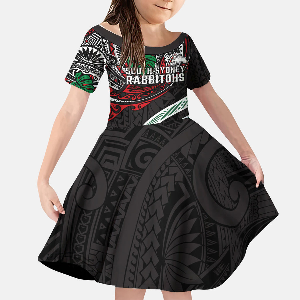 Personalised South Sydney Rabbitohs Kid Short Sleeve Dress Polynesian Tribal Art Style With Powerful Rabbit Mascot