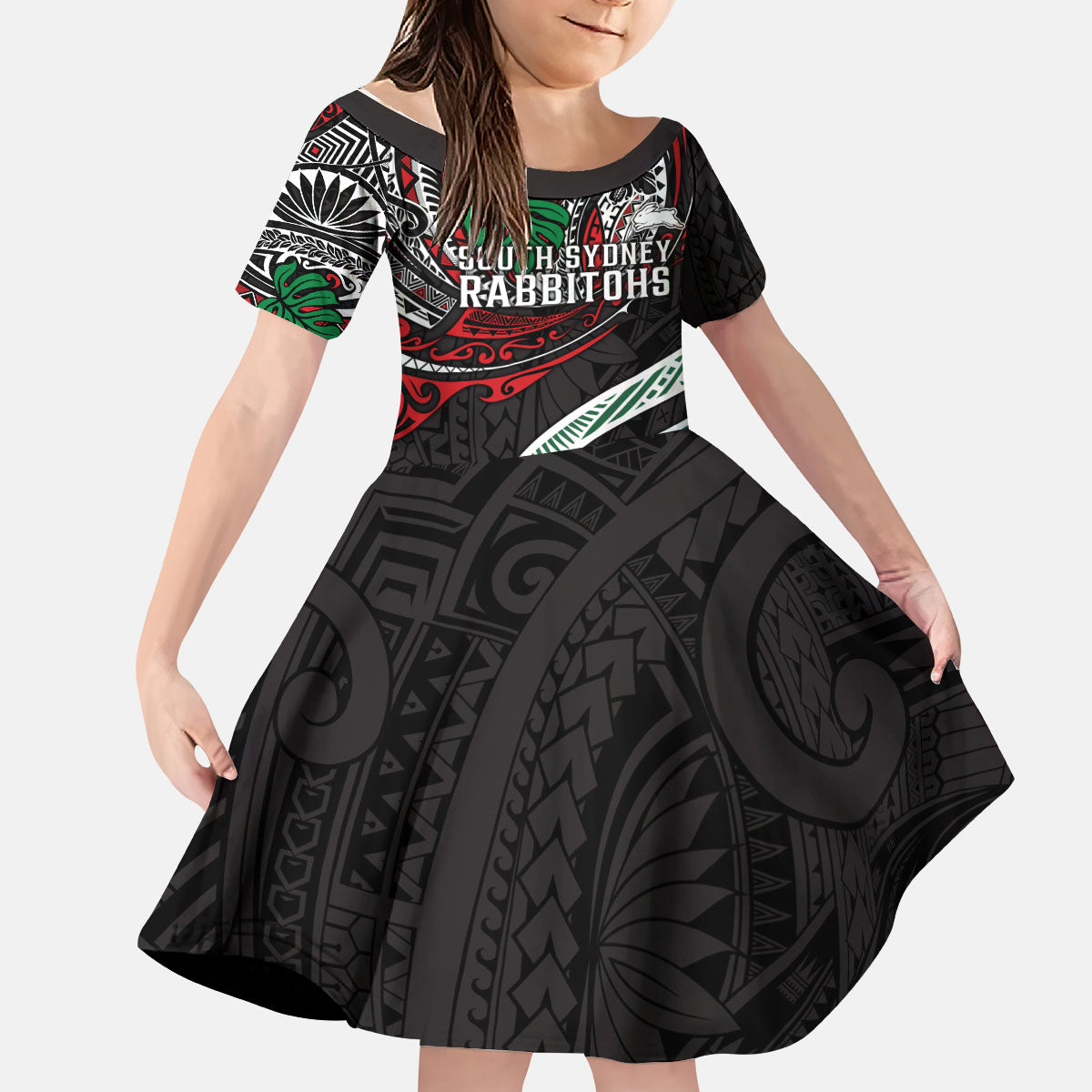 Personalised South Sydney Rabbitohs Kid Short Sleeve Dress Polynesian Tribal Art Style With Powerful Rabbit Mascot