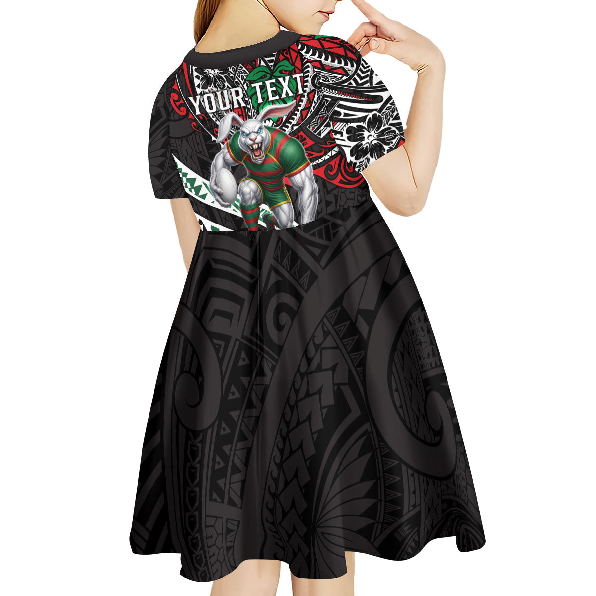 Personalised South Sydney Rabbitohs Kid Short Sleeve Dress Polynesian Tribal Art Style With Powerful Rabbit Mascot