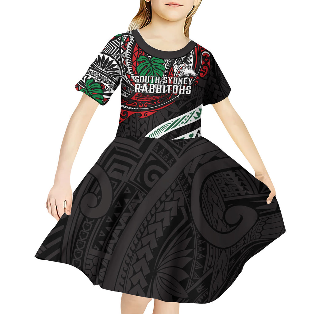 Personalised South Sydney Rabbitohs Kid Short Sleeve Dress Polynesian Tribal Art Style With Powerful Rabbit Mascot