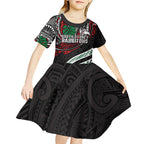 Personalised South Sydney Rabbitohs Kid Short Sleeve Dress Polynesian Tribal Art Style With Powerful Rabbit Mascot
