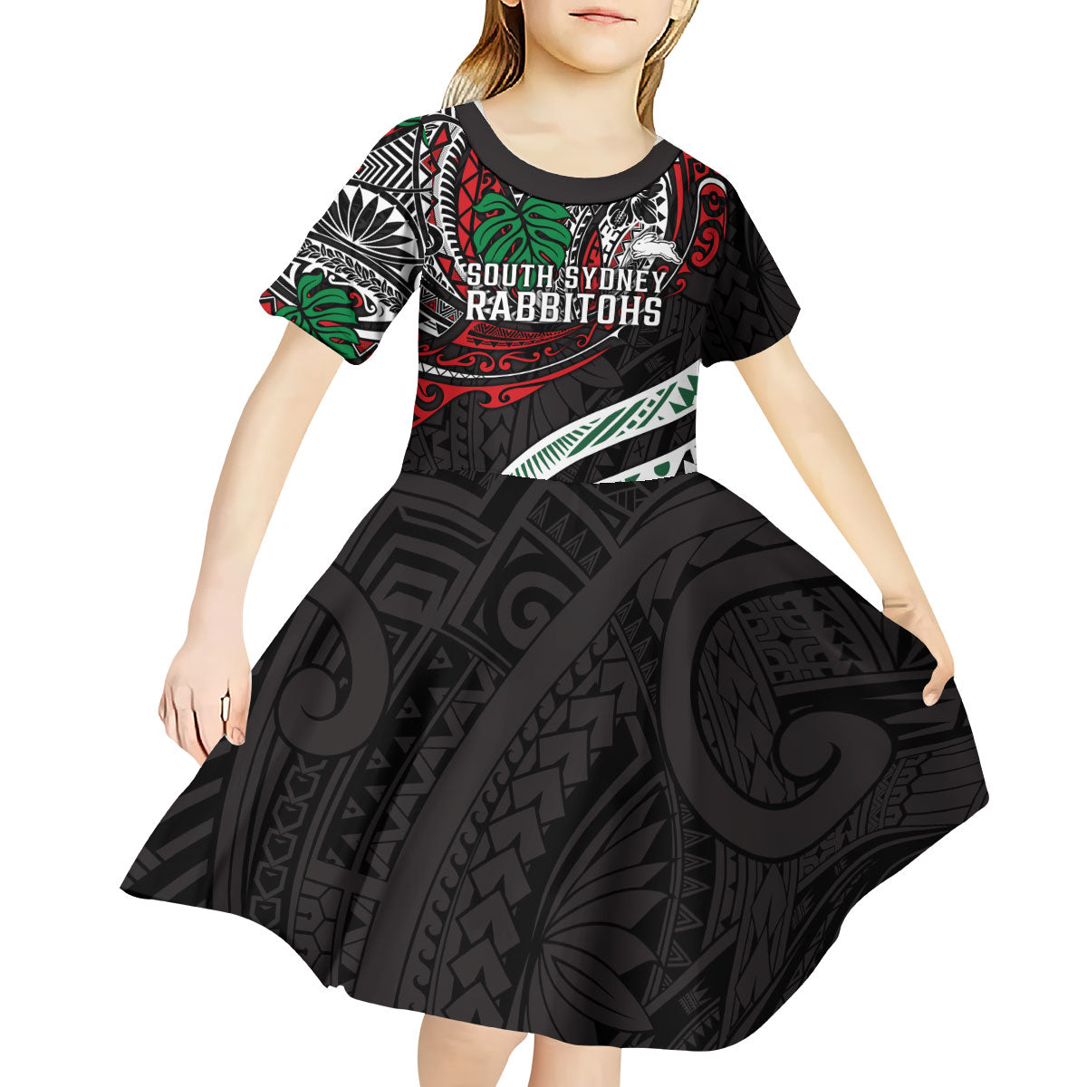 Personalised South Sydney Rabbitohs Kid Short Sleeve Dress Polynesian Tribal Art Style With Powerful Rabbit Mascot