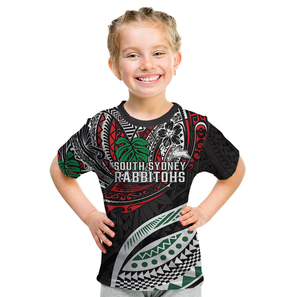 Personalised South Sydney Rabbitohs Kid T Shirt Polynesian Tribal Art Style With Powerful Rabbit Mascot