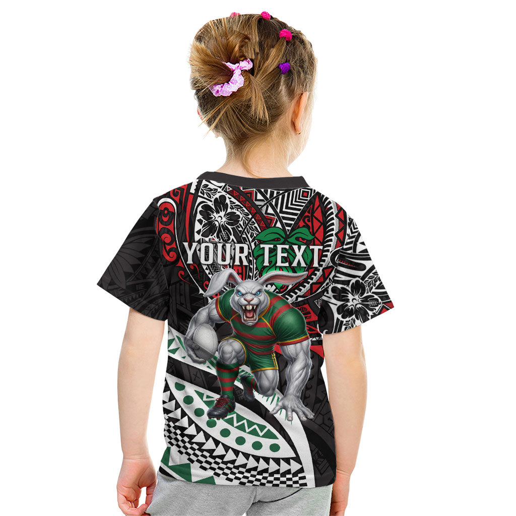 Personalised South Sydney Rabbitohs Kid T Shirt Polynesian Tribal Art Style With Powerful Rabbit Mascot