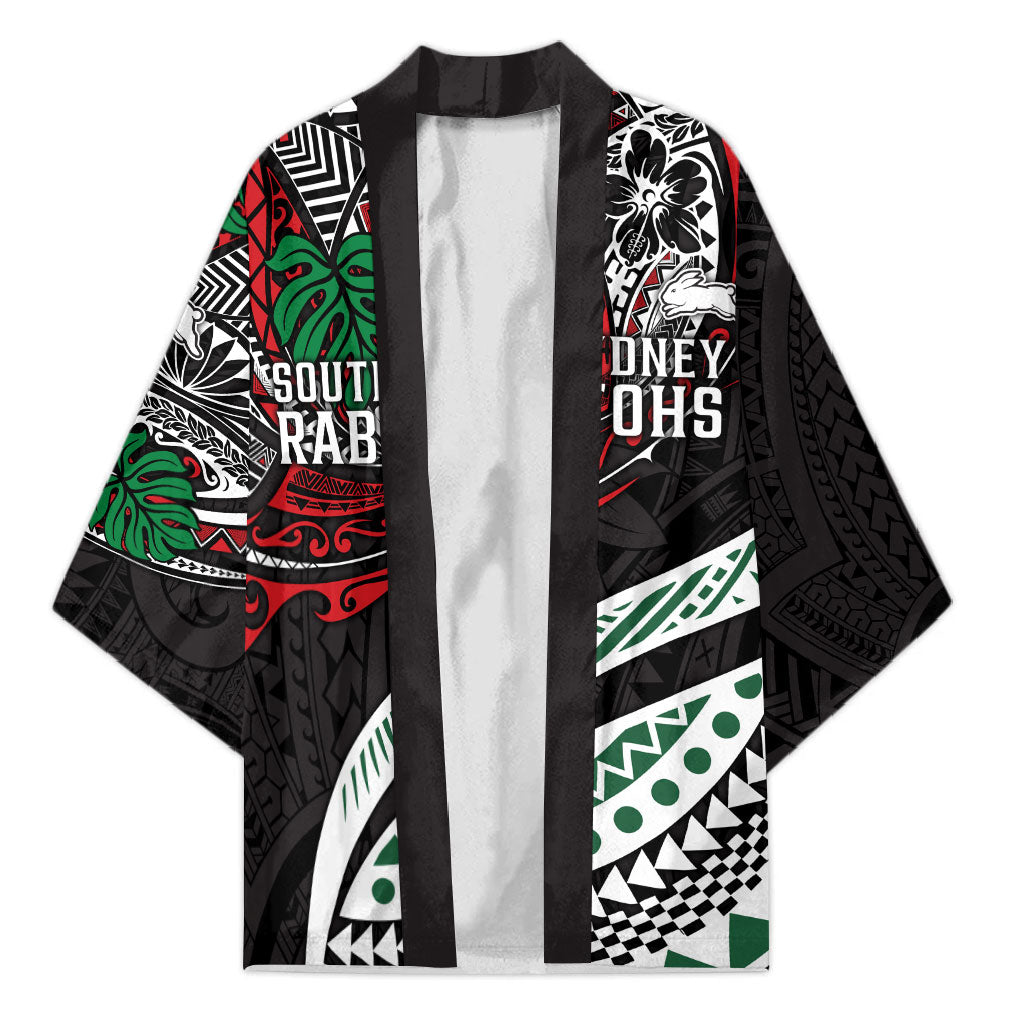 Personalised South Sydney Rabbitohs Kimono Polynesian Tribal Art Style With Powerful Rabbit Mascot