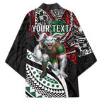 Personalised South Sydney Rabbitohs Kimono Polynesian Tribal Art Style With Powerful Rabbit Mascot