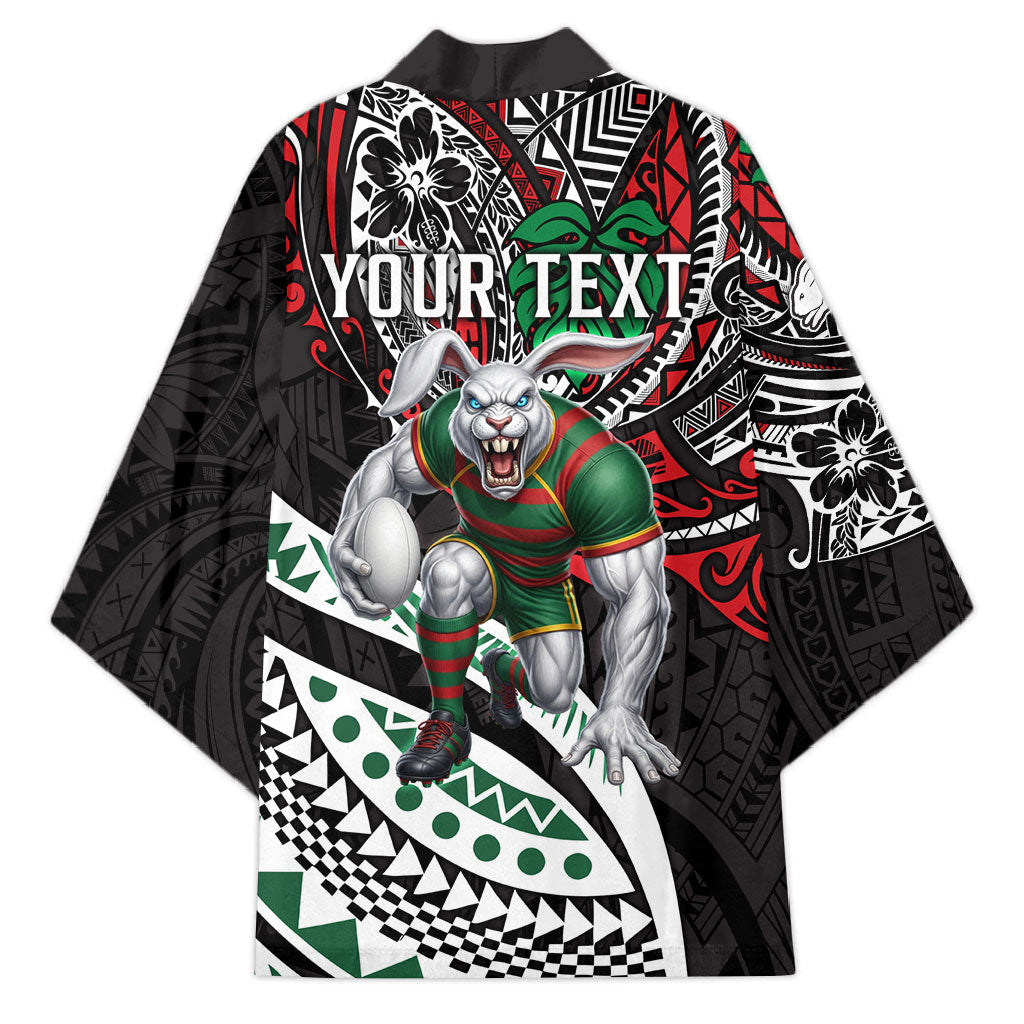 Personalised South Sydney Rabbitohs Kimono Polynesian Tribal Art Style With Powerful Rabbit Mascot