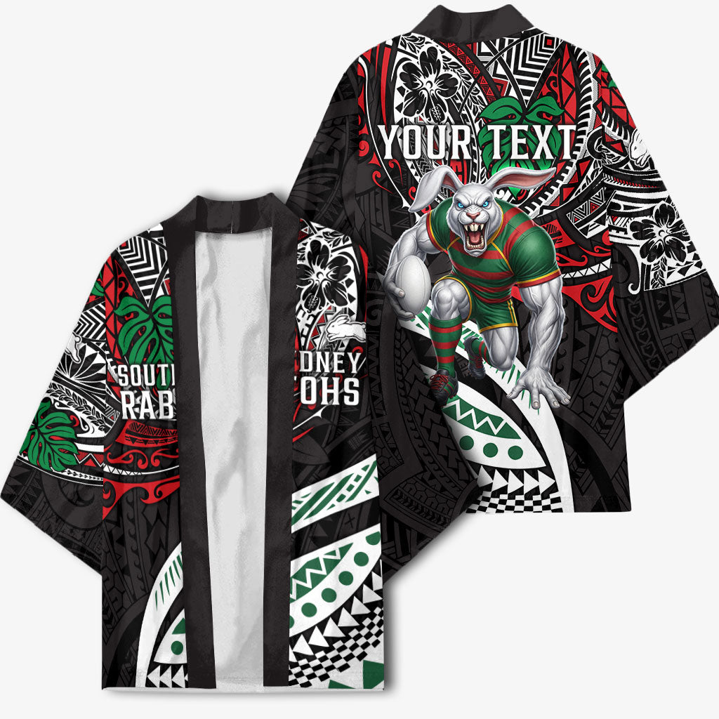 Personalised South Sydney Rabbitohs Kimono Polynesian Tribal Art Style With Powerful Rabbit Mascot