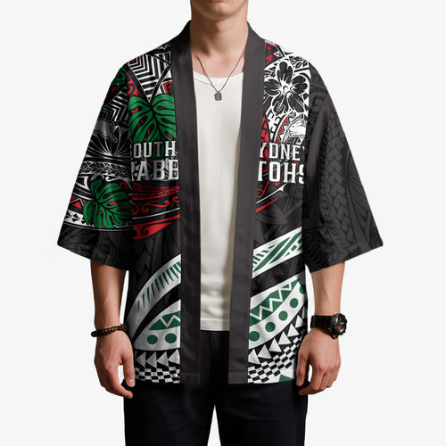 Personalised South Sydney Rabbitohs Kimono Polynesian Tribal Art Style With Powerful Rabbit Mascot
