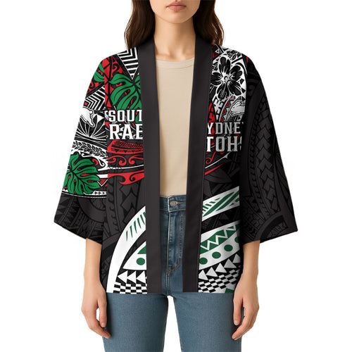 Personalised South Sydney Rabbitohs Kimono Polynesian Tribal Art Style With Powerful Rabbit Mascot
