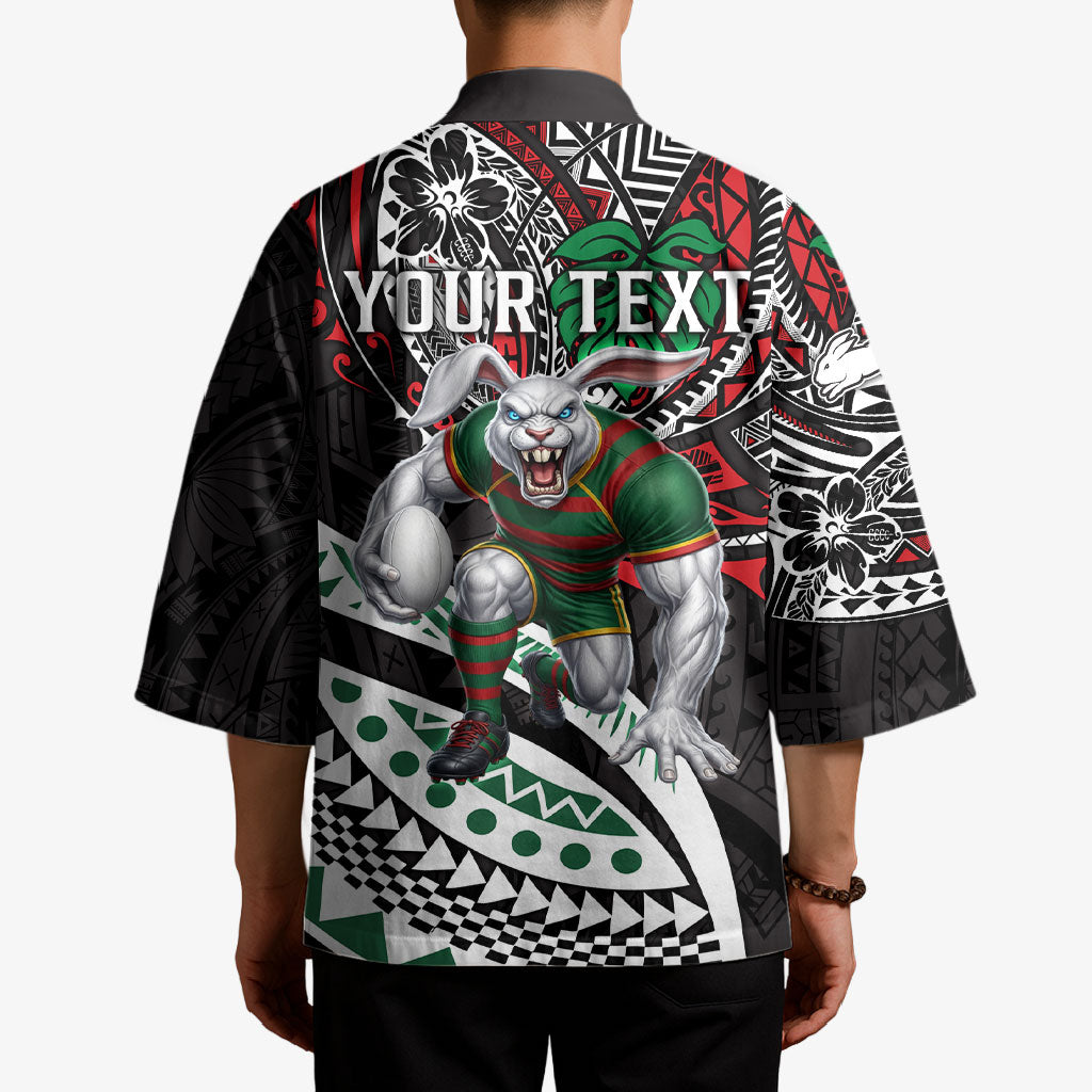 Personalised South Sydney Rabbitohs Kimono Polynesian Tribal Art Style With Powerful Rabbit Mascot