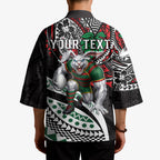 Personalised South Sydney Rabbitohs Kimono Polynesian Tribal Art Style With Powerful Rabbit Mascot
