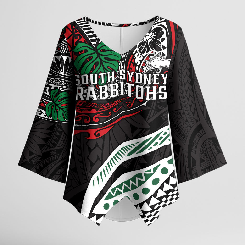 Personalised South Sydney Rabbitohs Kimono Sleeve Blouse Polynesian Tribal Art Style With Powerful Rabbit Mascot