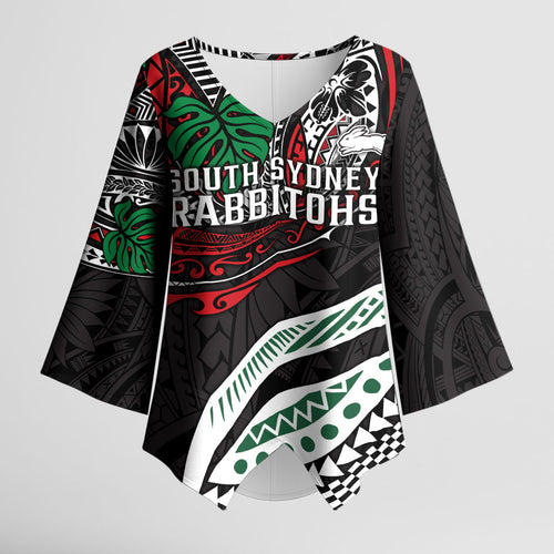 Personalised South Sydney Rabbitohs Kimono Sleeve Blouse Polynesian Tribal Art Style With Powerful Rabbit Mascot
