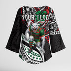 Personalised South Sydney Rabbitohs Kimono Sleeve Blouse Polynesian Tribal Art Style With Powerful Rabbit Mascot