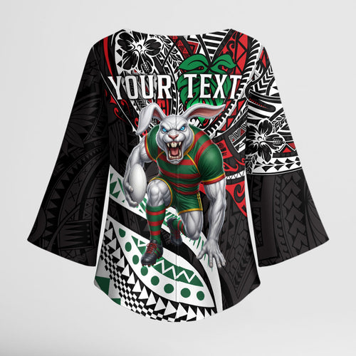 Personalised South Sydney Rabbitohs Kimono Sleeve Blouse Polynesian Tribal Art Style With Powerful Rabbit Mascot