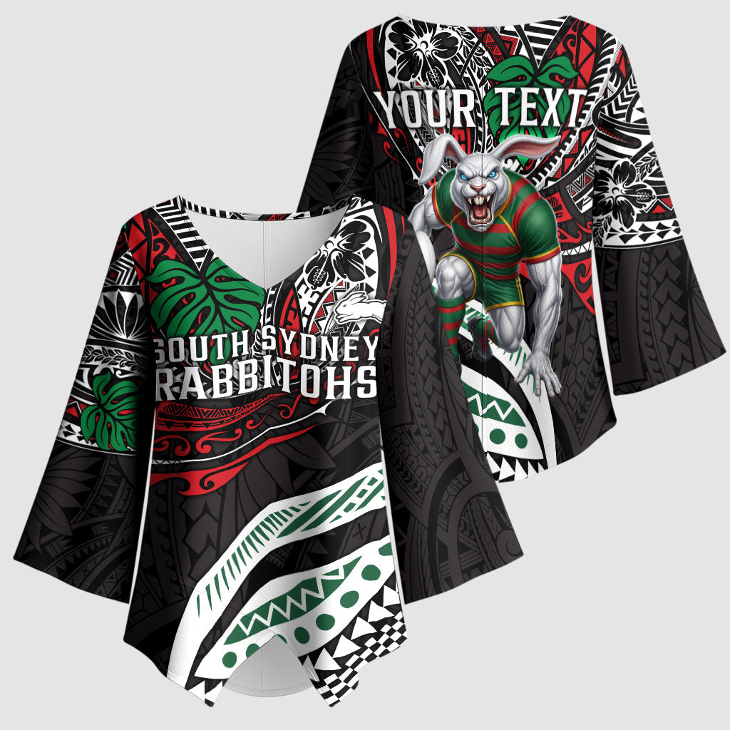 Personalised South Sydney Rabbitohs Kimono Sleeve Blouse Polynesian Tribal Art Style With Powerful Rabbit Mascot