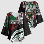 Personalised South Sydney Rabbitohs Kimono Sleeve Blouse Polynesian Tribal Art Style With Powerful Rabbit Mascot