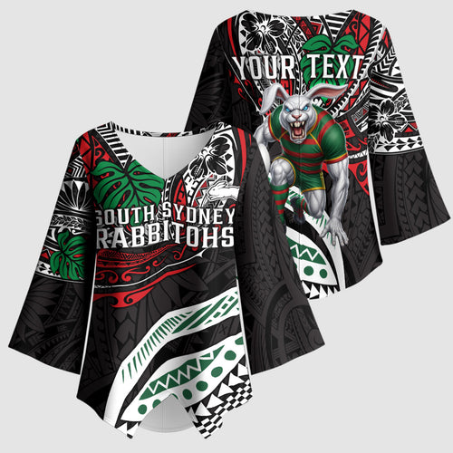 Personalised South Sydney Rabbitohs Kimono Sleeve Blouse Polynesian Tribal Art Style With Powerful Rabbit Mascot