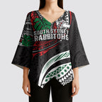 Personalised South Sydney Rabbitohs Kimono Sleeve Blouse Polynesian Tribal Art Style With Powerful Rabbit Mascot